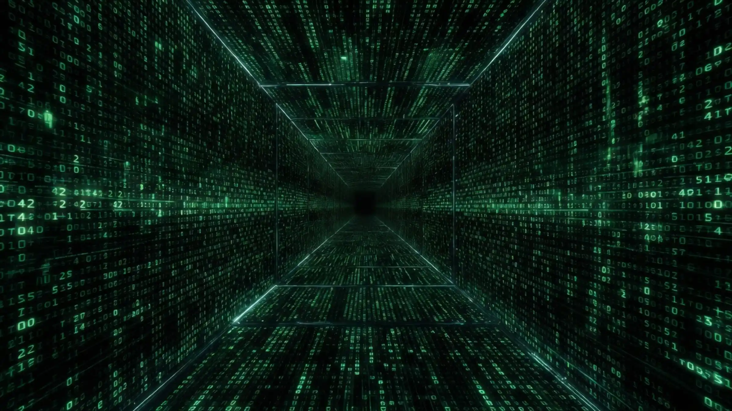 Green matrix-code tunnel used as the visual for SecLens email and DNS scoring.