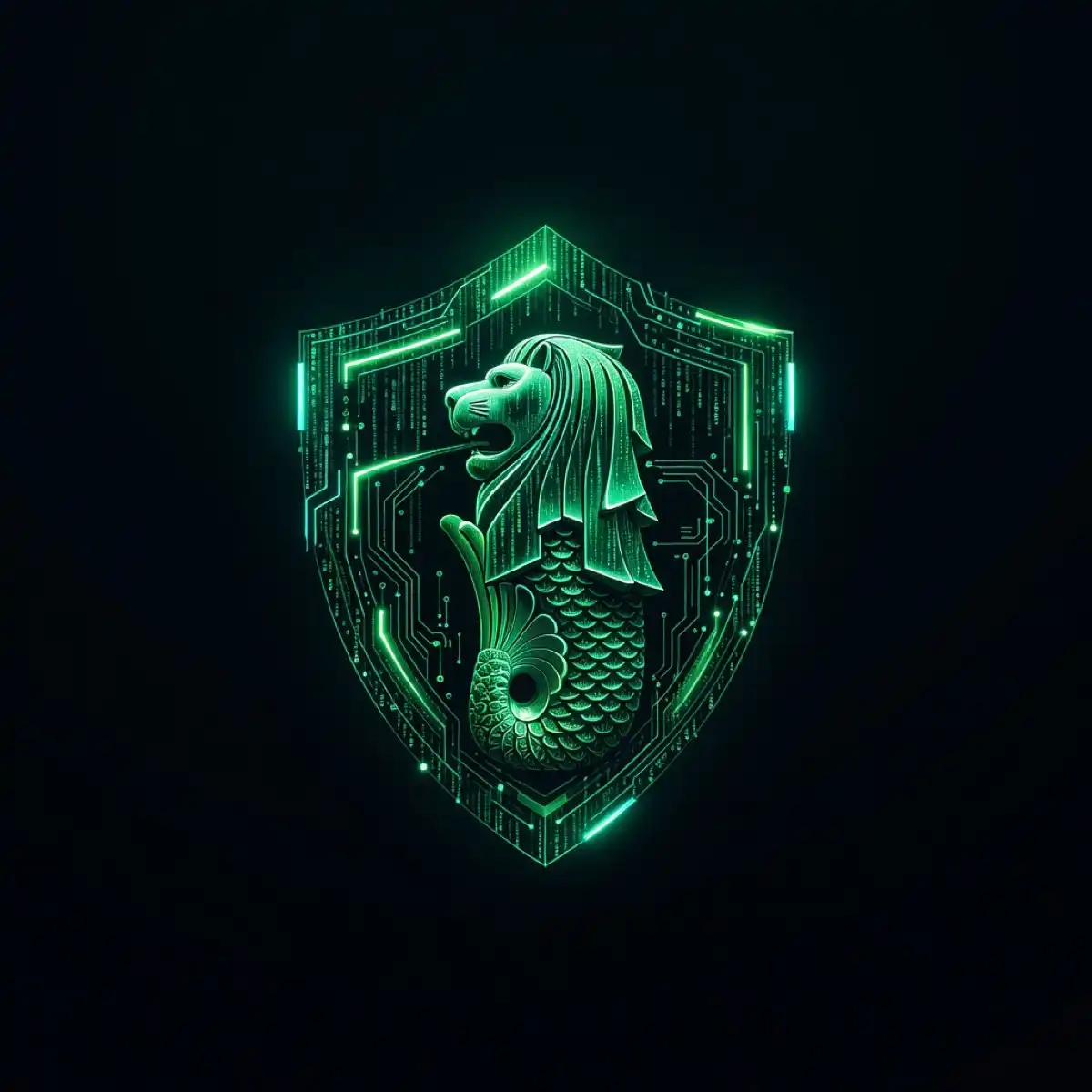 Neon green Merlion inside a circuit-traced shield on a black field.